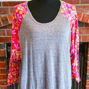 LulaRoe 3/4 Sleeve T-Shirt with Pink/Orange/Green Floral Sleeve 3XL
